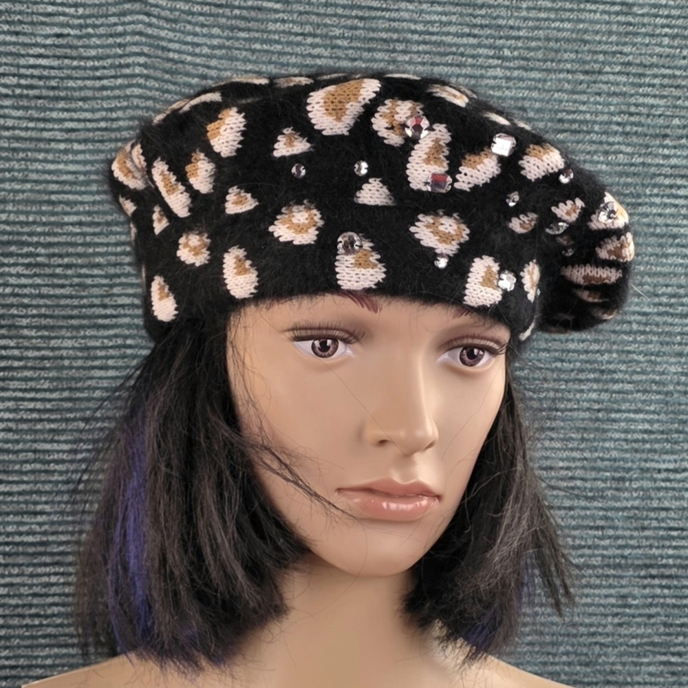 C.C Wool Blend Cheetah Print Crystal Studded Beret